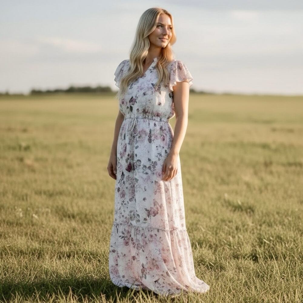 Joie Floral Maxi Dress 2X Cottage Coquette Romantic Fairy Shabby Flutter Sleeve